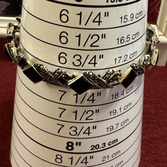 VTG silver tone tennis link  bracelet w/black onyx & marcasites - Picture 5 of 5